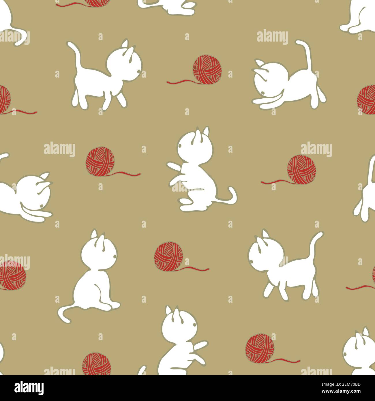 Patrón vectorial sin costuras con gatos blancos jugando con hilados. Bonito diseño de papel pintado animal sobre fondo marrón claro. Gatito infantil divirtiéndose. Ilustración del Vector