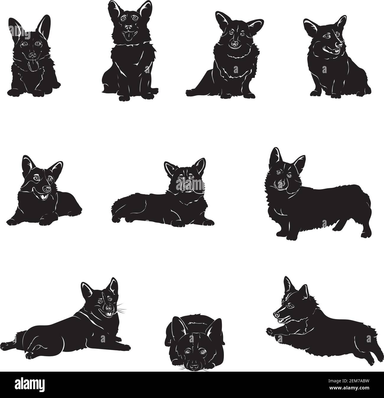 Perro, corgi, varias poses, movimientos y ángulos de figuras, negro, silueta, conjunto, vector, ilustración Ilustración del Vector