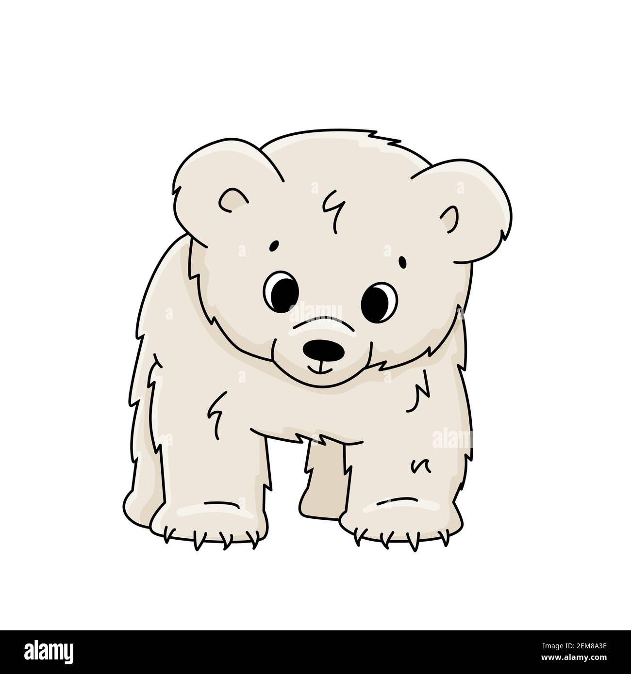 Vector lindo dibujo animado pequeño oso polar cub se encuentra en todas las piernas y mira hacia abajo. Contorno el animal está aislado sobre fondo blanco. Vista frontal Imagen Vector de stock - Vector lindo dibujo animado pequeño oso polar cub se encuentra en todas las piernas y mira hacia abajo. Contorno el animal está aislado sobre fondo blanco. Vista frontal Imagen Vector de stock -