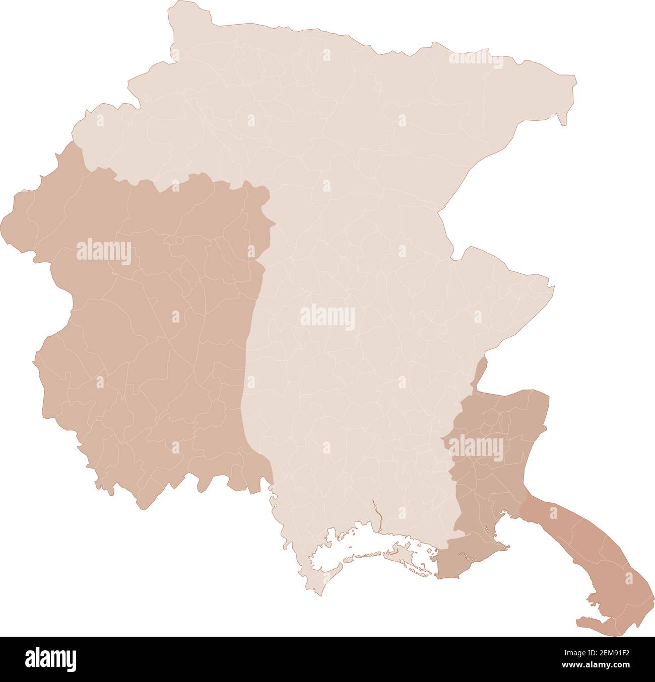 Mapa Friuli-Venecia Julia, división por provincias y municipios. Polígonos cerrados y perfectamente editables, relleno de polígonos y trazados de color editables Ilustración del Vector