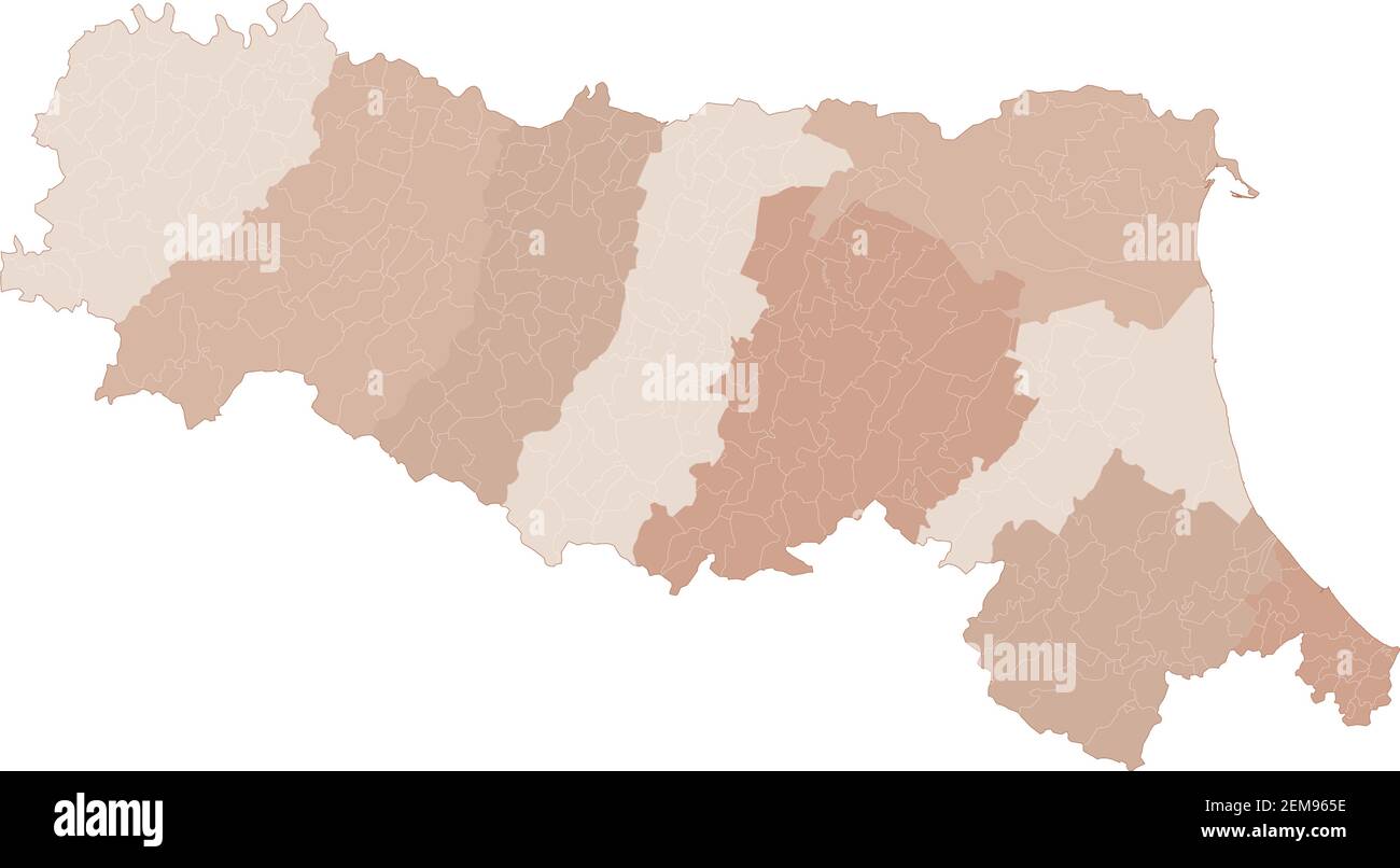 Mapa Emilia-Romaña, división por provincias y municipios. Polígonos cerrados y perfectamente editables, relleno de polígonos y trazados de color editables a voluntad Ilustración del Vector