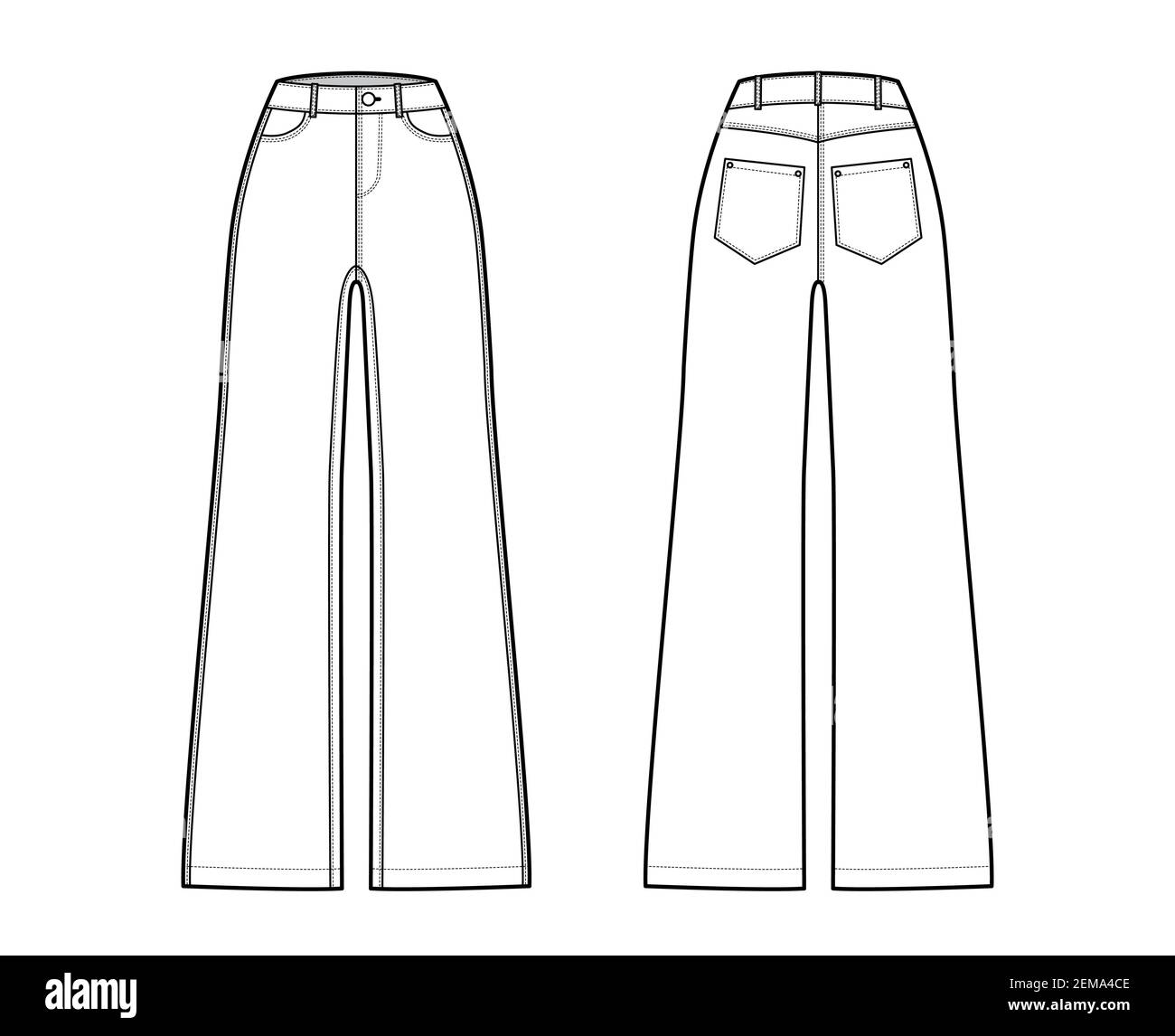 Jeans pantalones vaqueros de pata ancha ilustración técnica de moda con  toda la longitud, cintura normal, elevación, 5 bolsillos, trabillas.  Plantilla frontal de fondo plano, estilo blanco, gris. Mujeres, hombres  unisex CAD
