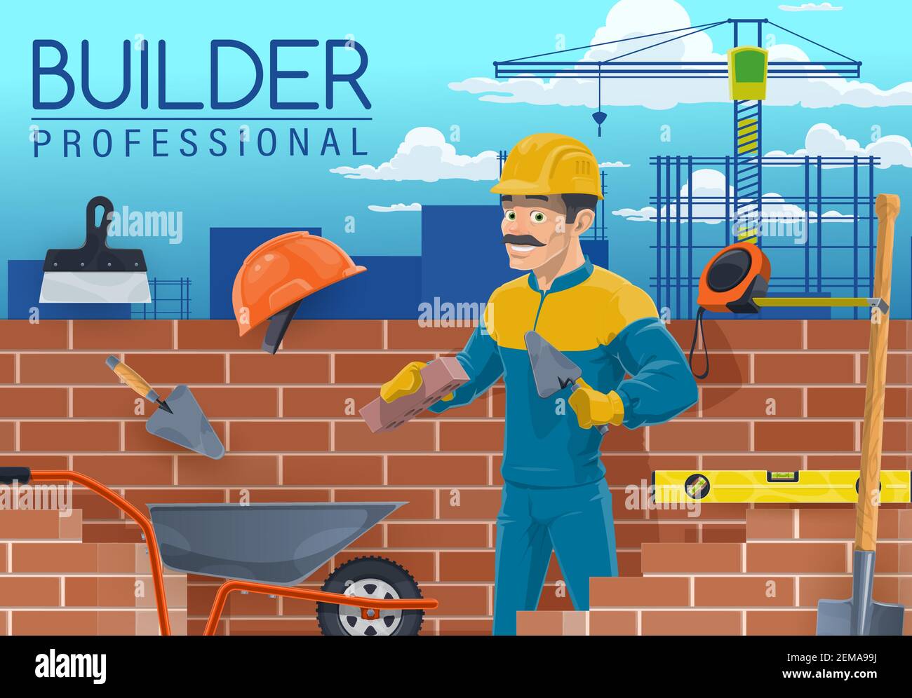 Constructor con herramientas de trabajo de capas de ladrillo, vector de dibujos animados de trabajadores de la industria de la construcción. Albañil, albañil o albañil poniendo ladrillos con paleta, ladrillos, sh Imagen Constructor con herramientas de trabajo de capas de ladrillo, vector de dibujos animados de trabajadores de la industria de la construcción. Albañil, albañil o albañil poniendo ladrillos con paleta, ladrillos, sh Imagen