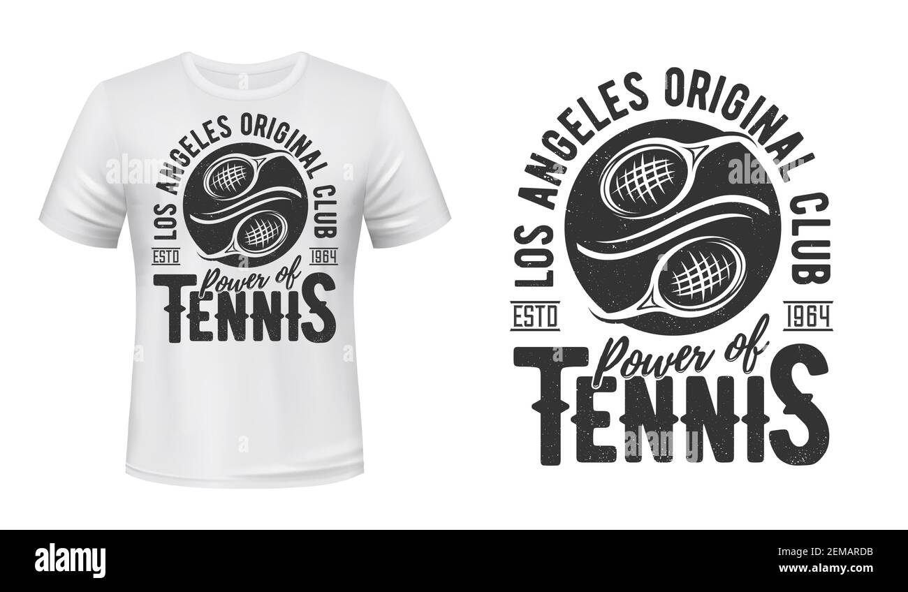 Camiseta de tenis con estampado de moceta, emblema de club de equipo de deporte vectorial. Power of Tennis quote, los Angeles equipo de tenis de EE.UU. O varsity deporte liga pelota y raqueta Ilustración del Vector
