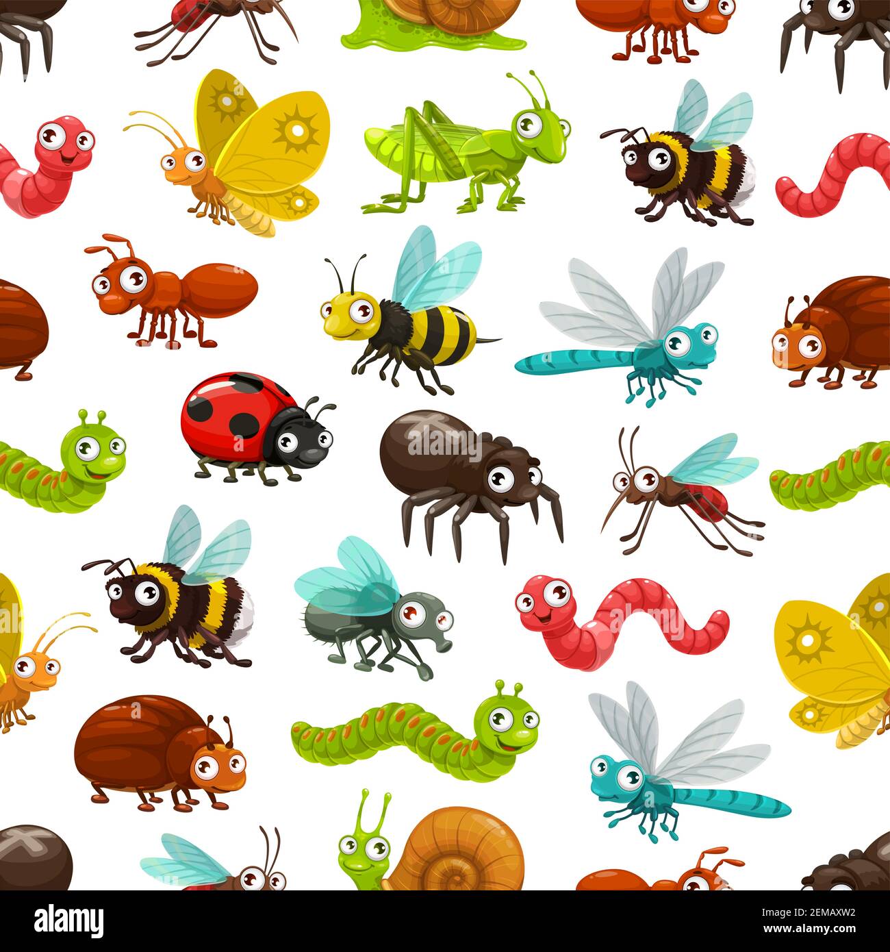 Dibujos animados insectos y insectos vector sin costuras patrón. Fondo