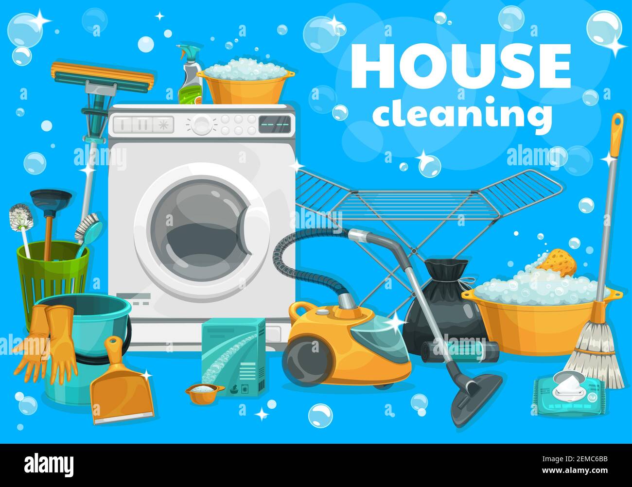 Limpieza de la casa y suministros de lavandería, vector. Herramientas para  el hogar lavadora, lavandería y detergente para el hogar, fregona, escoba o  inodoro Imagen Vector de stock - Alamy