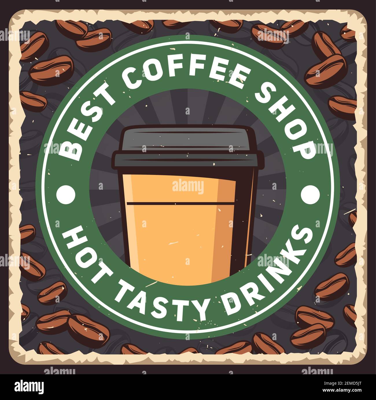 Cartel de café, diseño retro de café, granos de café y taza de papel para  llevar. Cafetería y cafetería con bebidas calientes, taza de americano o  taza de capuchino caliente y Imagen