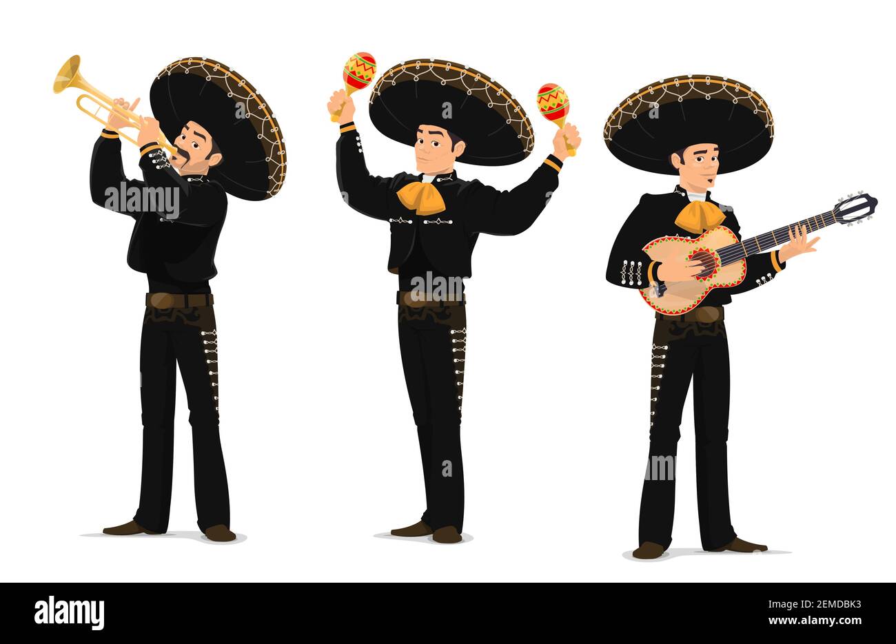 Mariachi banda de músicos mexicanos. Personajes vectoriales de dibujos  animados tocando instrumentos de guitarra, trompeta y maracas. Banda de  música latina en el Sombrero mexicano Imagen Vector de stock - Alamy