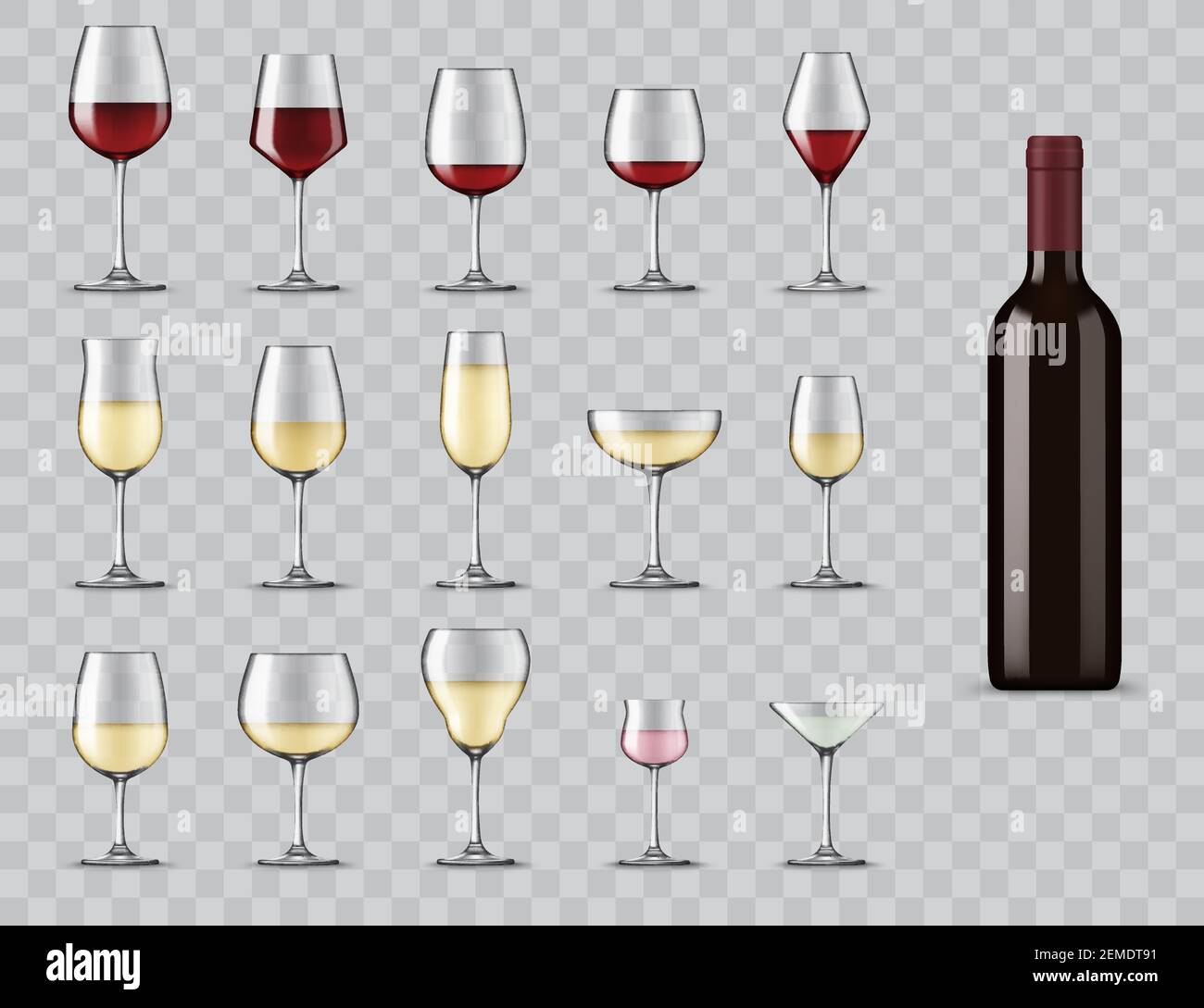 Tipos de copas de vino. Botella realista y cristalería para blanco, rojo,  vino de rosa, champán y cóctel de martini. Vasos llenos, ligeros y de  cuerpo medio Imagen Vector de stock -