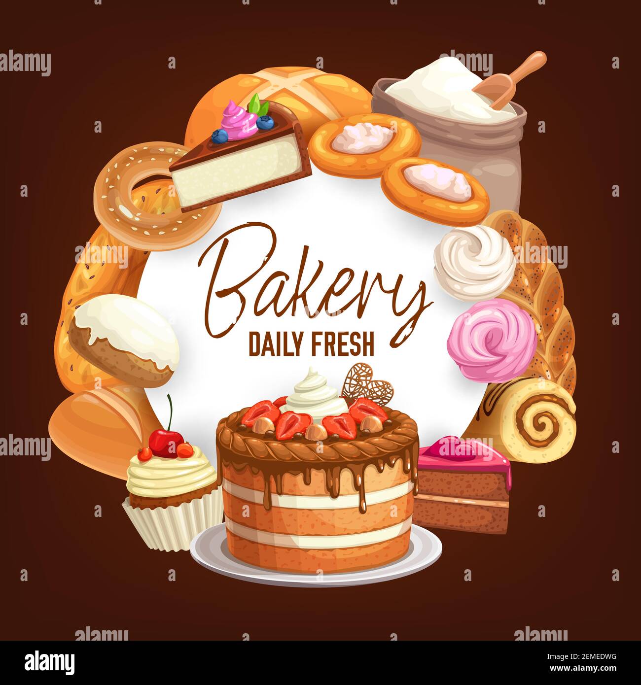 Entre líquido Cubo Confitería dulces postres vector marco redondo. Pastelería pastelería  pastelería pastelería pastel, bagel, rollo y pasteles. Pan horneado, bollos  y pastelitos pastelería panadería tienda Imagen Vector de stock - Alamy