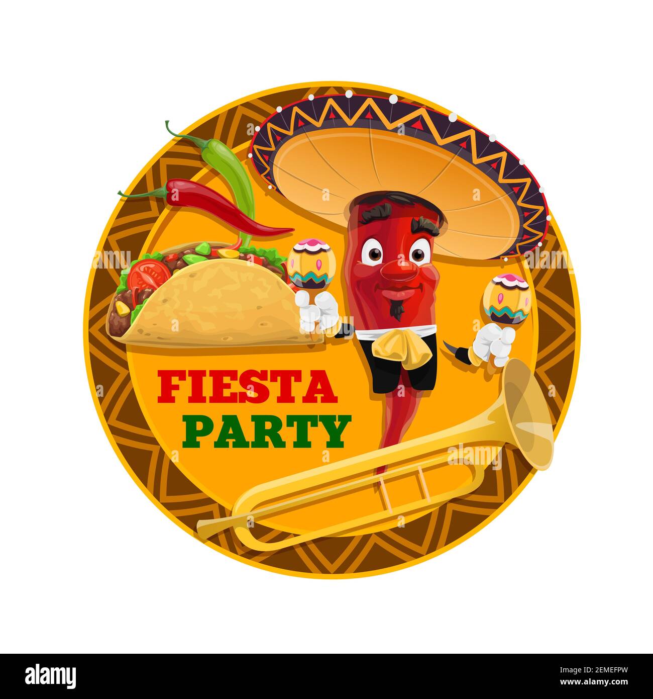 Fiesta mexicana diseño vectorial de dibujos animados de Chile rojo,  sombrero de sobrero y maracas, tortilla de maíz taco, Chile jalapeno y  trompeta. México Imagen Vector de stock - Alamy