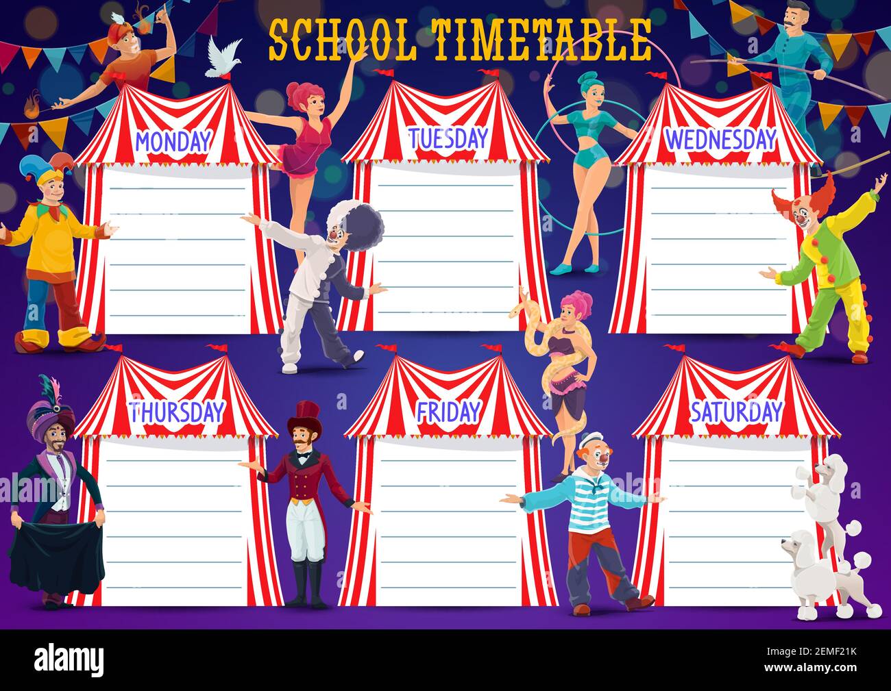 Horario de educación escolar con artistas y artistas de circo de gran