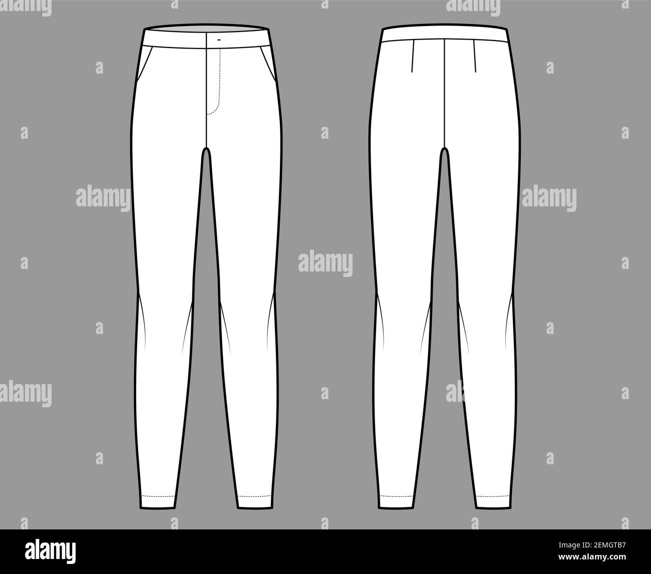 Pantalones sin pinzas ilustración técnica de moda con cintura baja, talle,  longitud completa, bolsillos con recortes. Sin pinzas sport pantalón ropa  plantilla espalda, color blanco. Mujeres hombres unisex CAD mascup Imagen  Vector