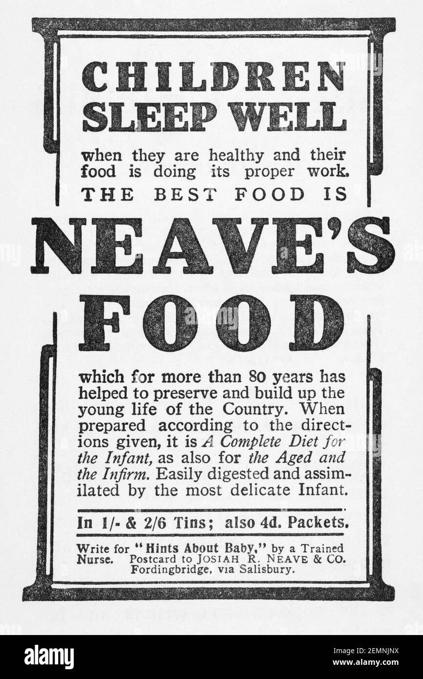 Viejo anuncio de comida para bebés de la victoriana Neave de 1905 - en los días antes de los estándares publicitarios. La vieja publicidad de comida victoriana, la historia de la publicidad. Foto de stock