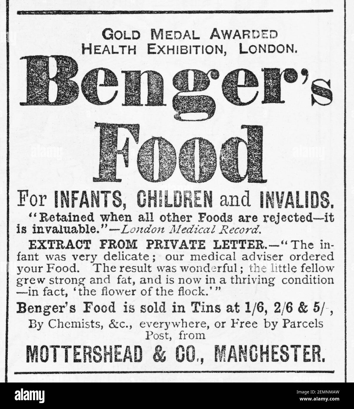 Viejo anuncio de comida para bebés de Benger victoriano de 1887 - en los días anteriores a los estándares de publicidad. La vieja publicidad de comida victoriana, la historia de la publicidad. Foto de stock