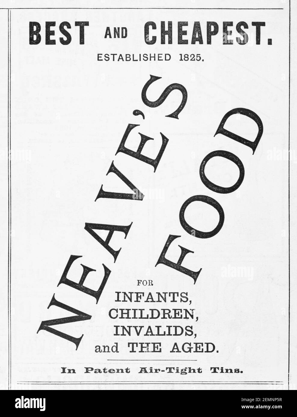 Viejo anuncio de comida para bebés de la victoriana Neave de 1894 - en los días antes de los estándares publicitarios. La vieja publicidad de comida victoriana, la historia de la publicidad. Foto de stock