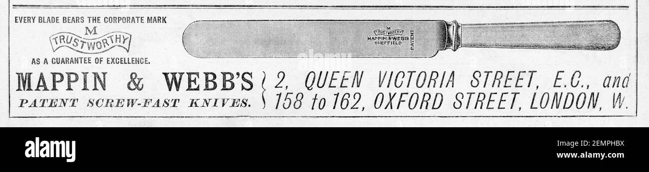 Viejo periódico de la revista victoriana Mappin & Webb cubertería anuncio de 1895 - antes de los estándares de publicidad. Metáfora buenas formas de mesa y etiqueta. Foto de stock