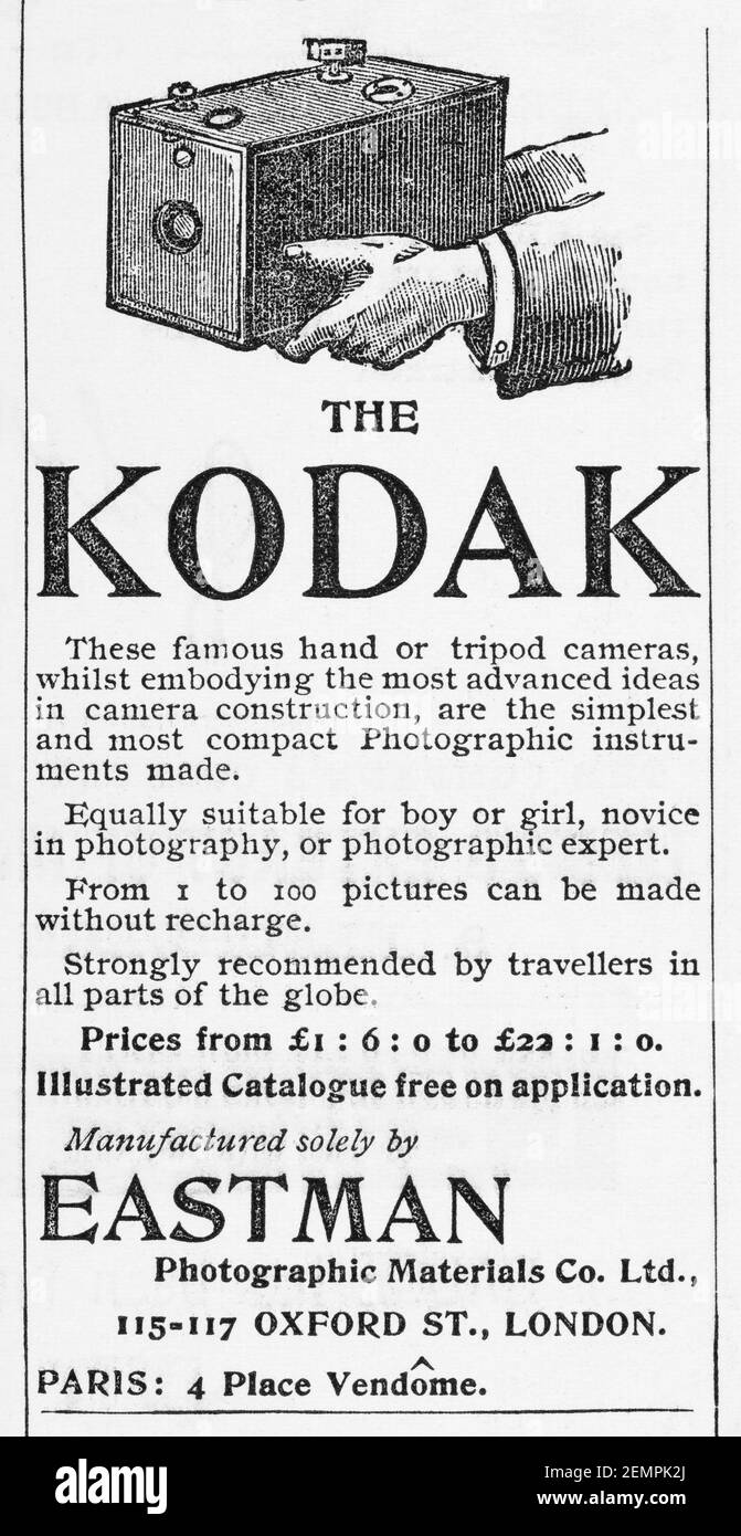 Antiguo anuncio de fotografía con cámara Kodak de 1894, antes de los  albores de los estándares publicitarios. Historia de la fotografía, viejos  anuncios, historia de la publicidad Fotografía de stock - Alamy
