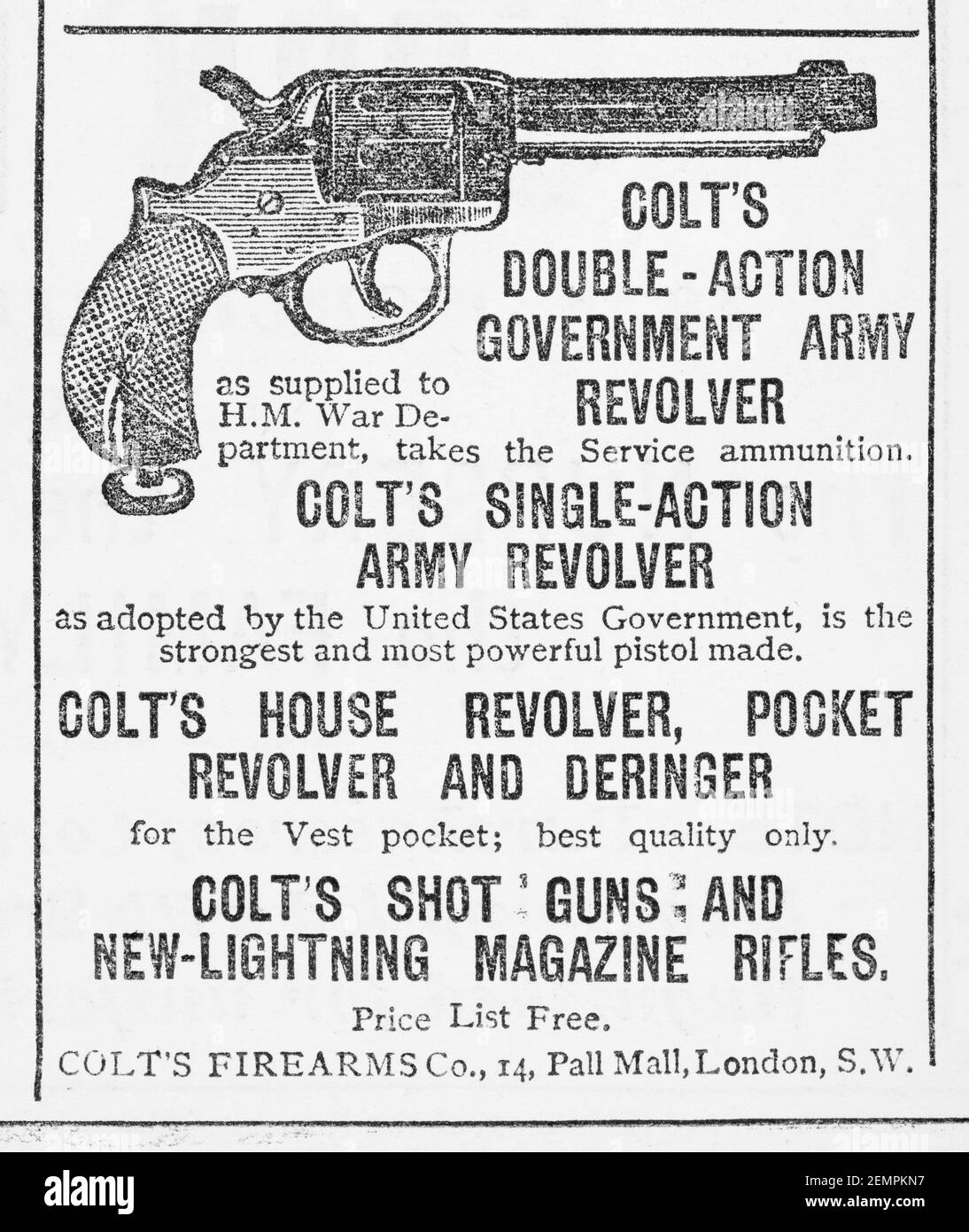 Antiguo anuncio de la pistola de mano de Colt en el Reino Unido (1887). Antes de los estándares de publicidad y cuando las armas de fuego están fácilmente disponibles. Historia de la publicidad, los anuncios antiguos, la historia de las armas Foto de stock
