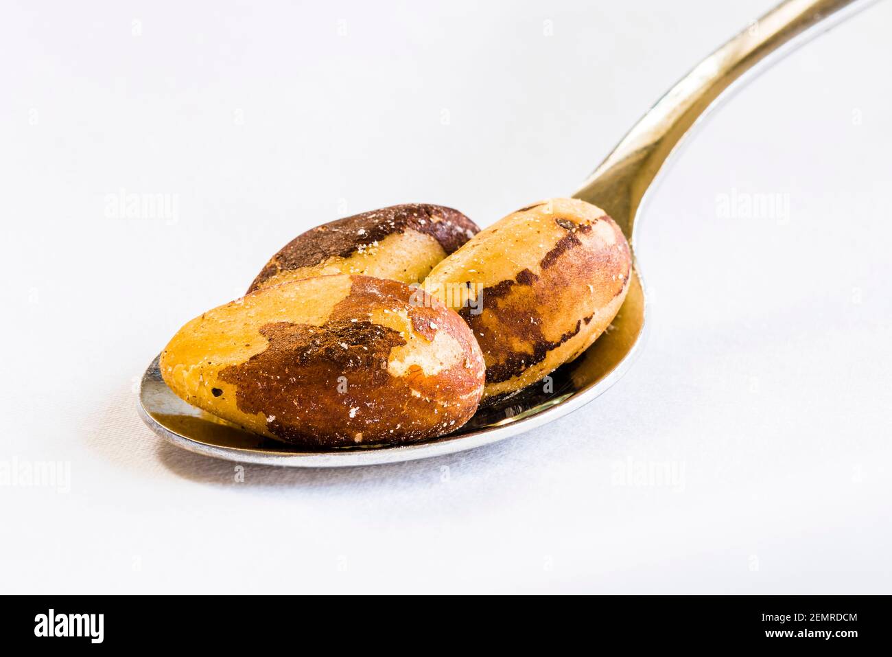 Primer plano de una cucharada de nueces de Brasil en un mantel blanco, Londres, Reino Unido Foto de stock