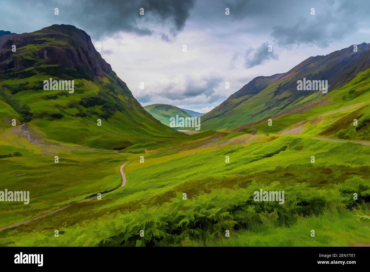 Pintura digital de las montañas de las tres Hermanas, Glencoe, Escocia Foto de stock
