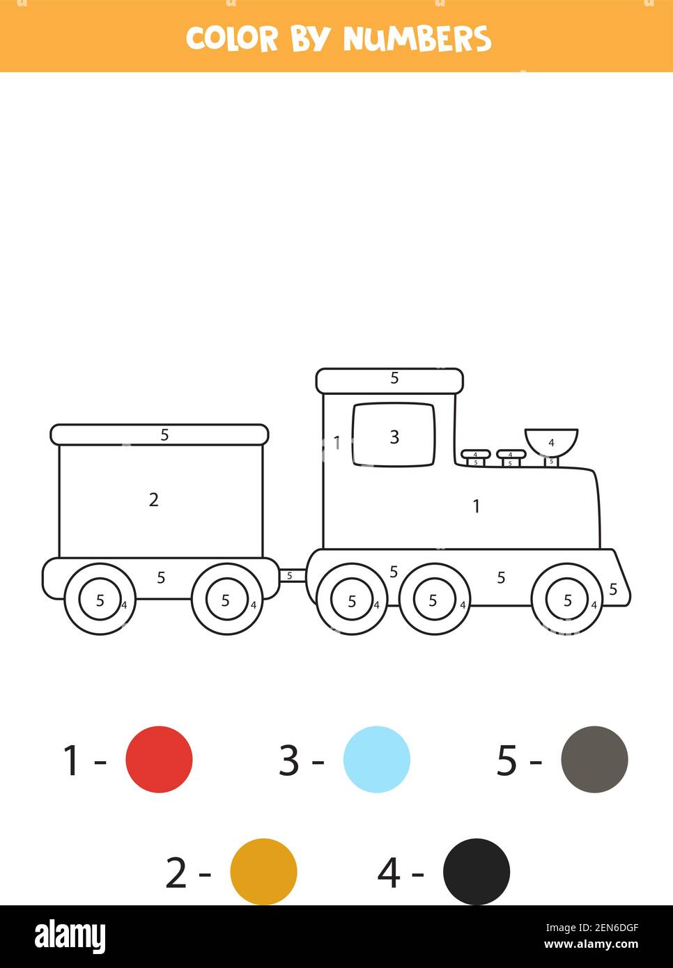 Página para colorear con tren de dibujos animados. Color por números. Juego  de matemáticas para niños Imagen Vector de stock - Alamy
