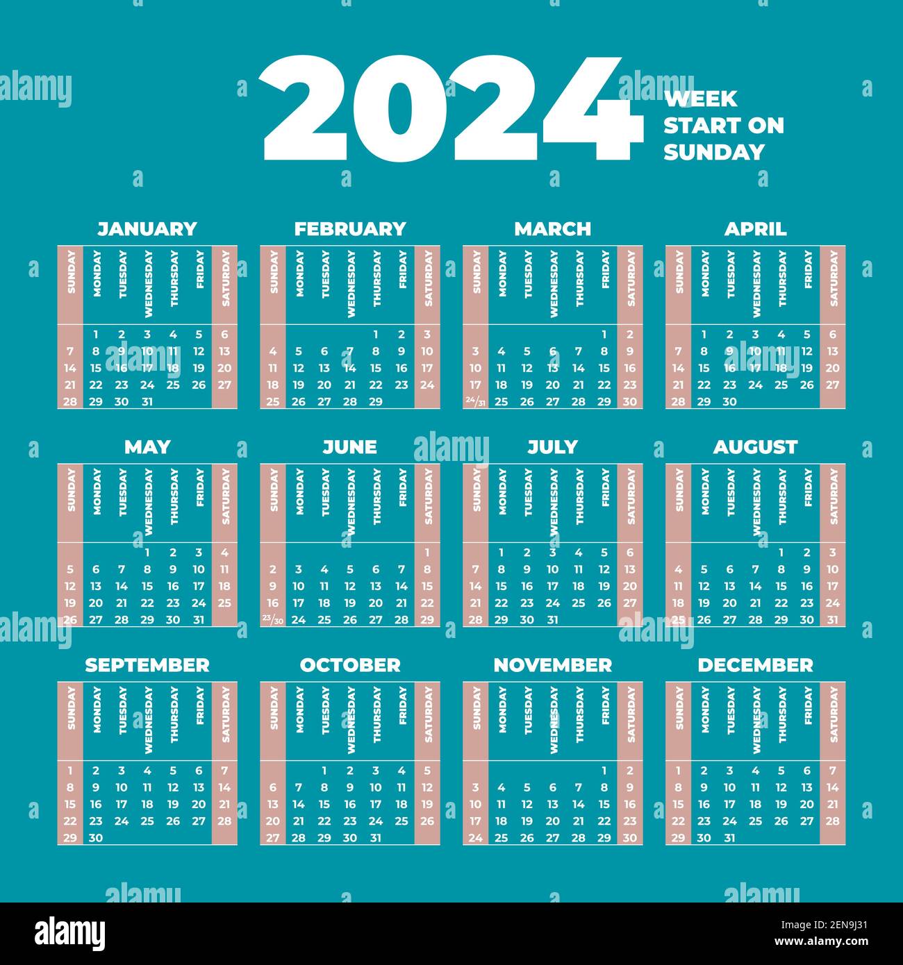 2024 plantilla de calendario con semanas comienzan el domingo Imagen