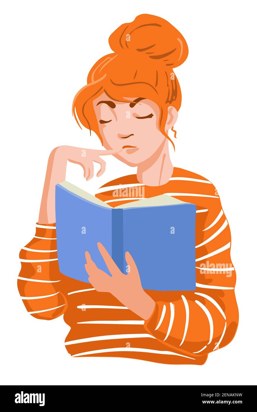 Chica con libro azul leyendo y soñando. Ilustración de dibujos animados  vectoriales Imagen Vector de stock - Alamy