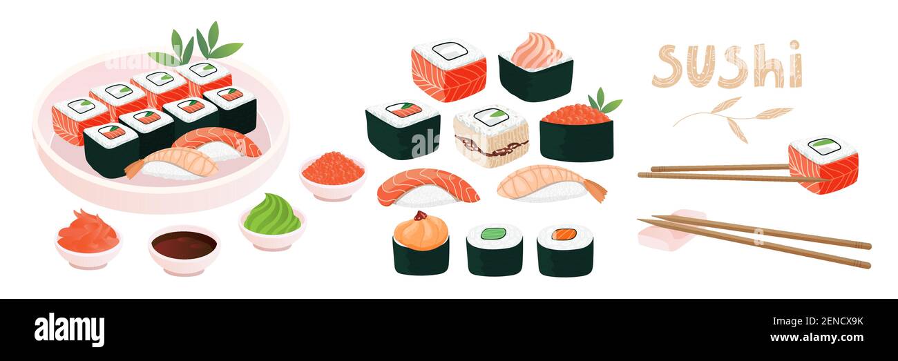 Conjunto de elementos vectoriales de sushi. Diferentes tipos de sushi y rollos. Plato con rollos tradicionales de japón, salsas condimentadas, palillos y título. Diseño de alimentos Ilustración del Vector
