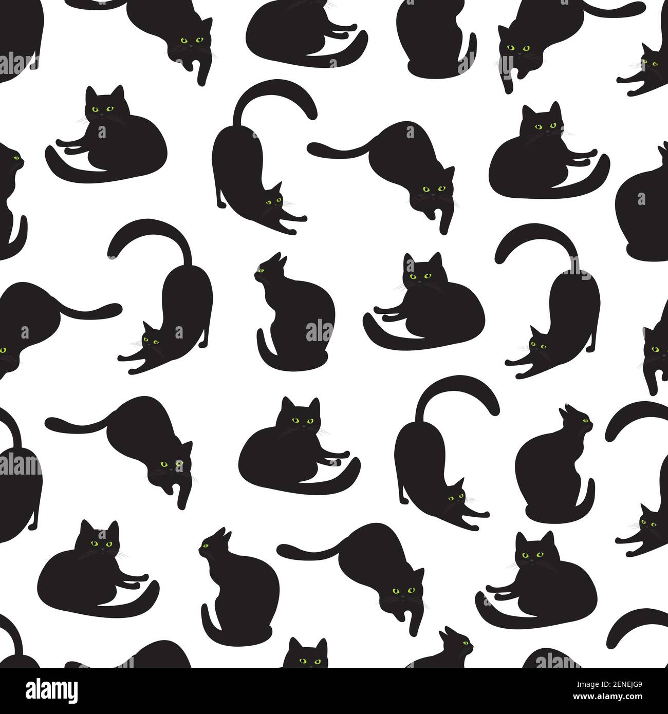 Gatos negros con ojos verdes en diferentes poses, patrón sin costuras.  Aislado sobre fondo blanco. Vector textura blanco y negro con animales.  Dibujos animados ca Imagen Vector de stock - Alamy