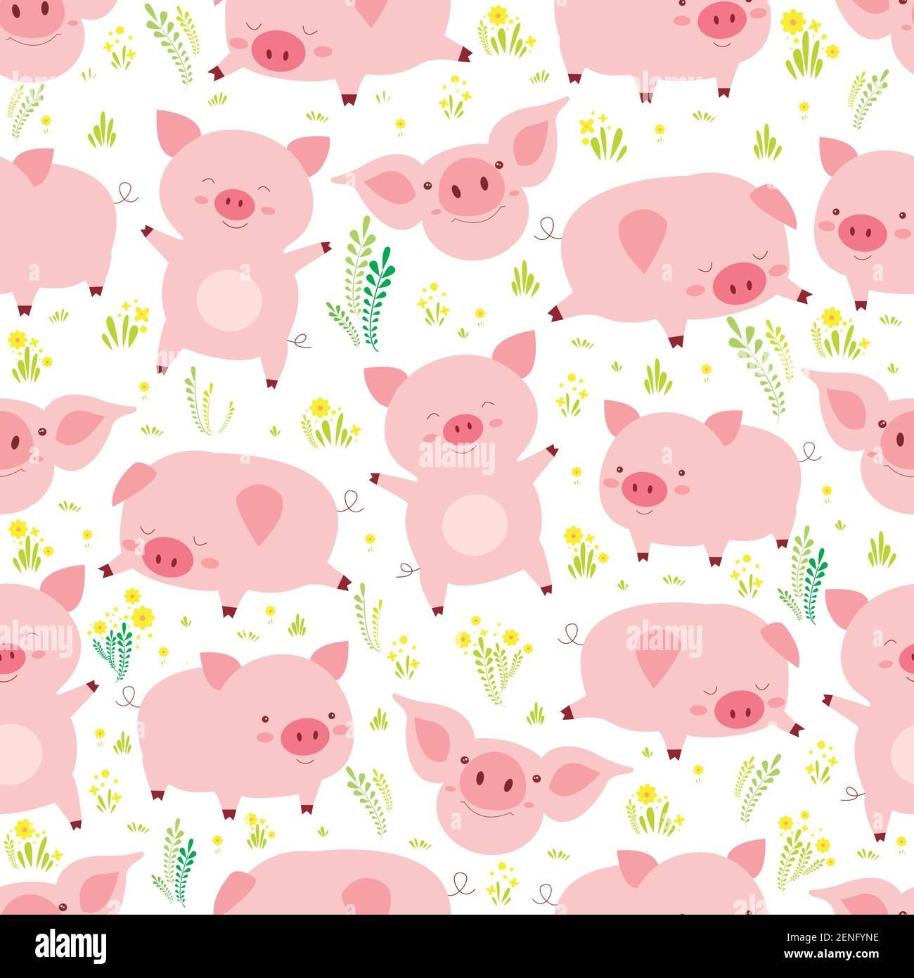 Bonito patrón sin costuras con pequeños y llenos de cerdos divertidos, en varias poses, en el glade floral, aislado fondo blanco. Animales divertidos de dibujos animados vector enfermo Imagen Vector de stock - Bonito patrón sin costuras con pequeños y llenos de cerdos divertidos, en varias poses, en el glade floral, aislado fondo blanco. Animales divertidos de dibujos animados vector enfermo Imagen Vector de stock -