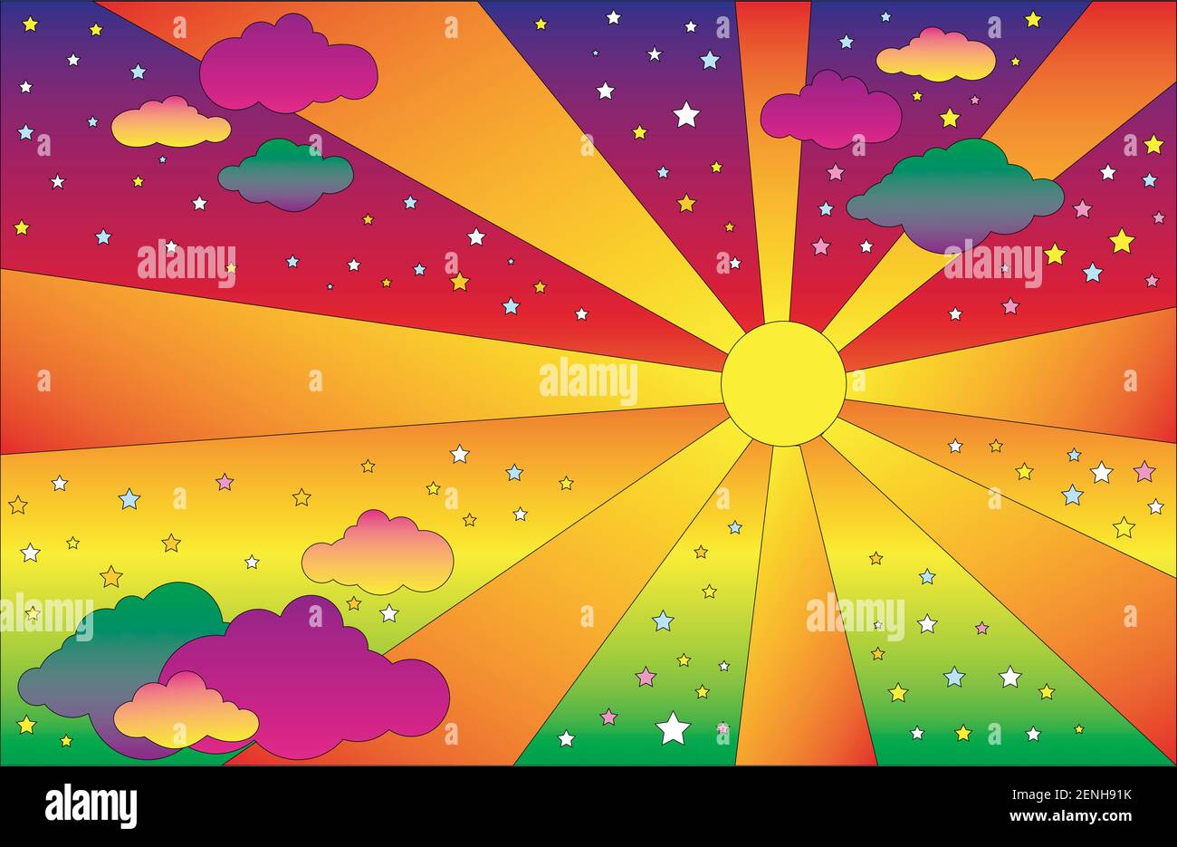 Paisaje psicodélico estilo hippie retro con sol y nubes, estrellas. Vector dibujos animados colores brillantes degradado fondo Imagen Vector de stock - Alamy Paisaje psicodélico estilo hippie retro con sol y nubes, estrellas. Vector dibujos animados colores brillantes degradado fondo Imagen Vector de stock - Alamy