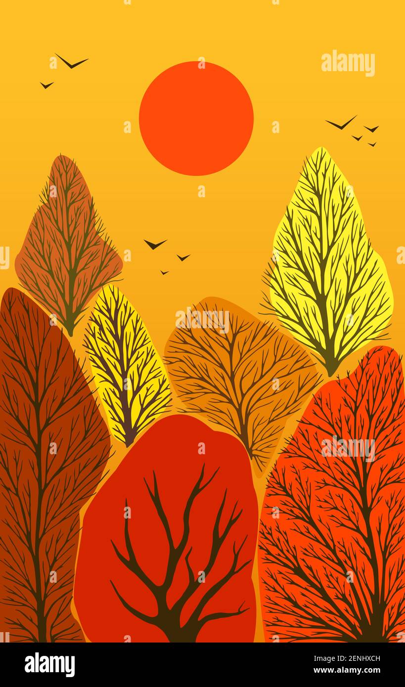 Otoño colorido paisaje con árboles, sol rojo, aves aisladas sobre un fondo  naranja. Vector dibujo a mano ilustración naturaleza Imagen Vector de stock  - Alamy