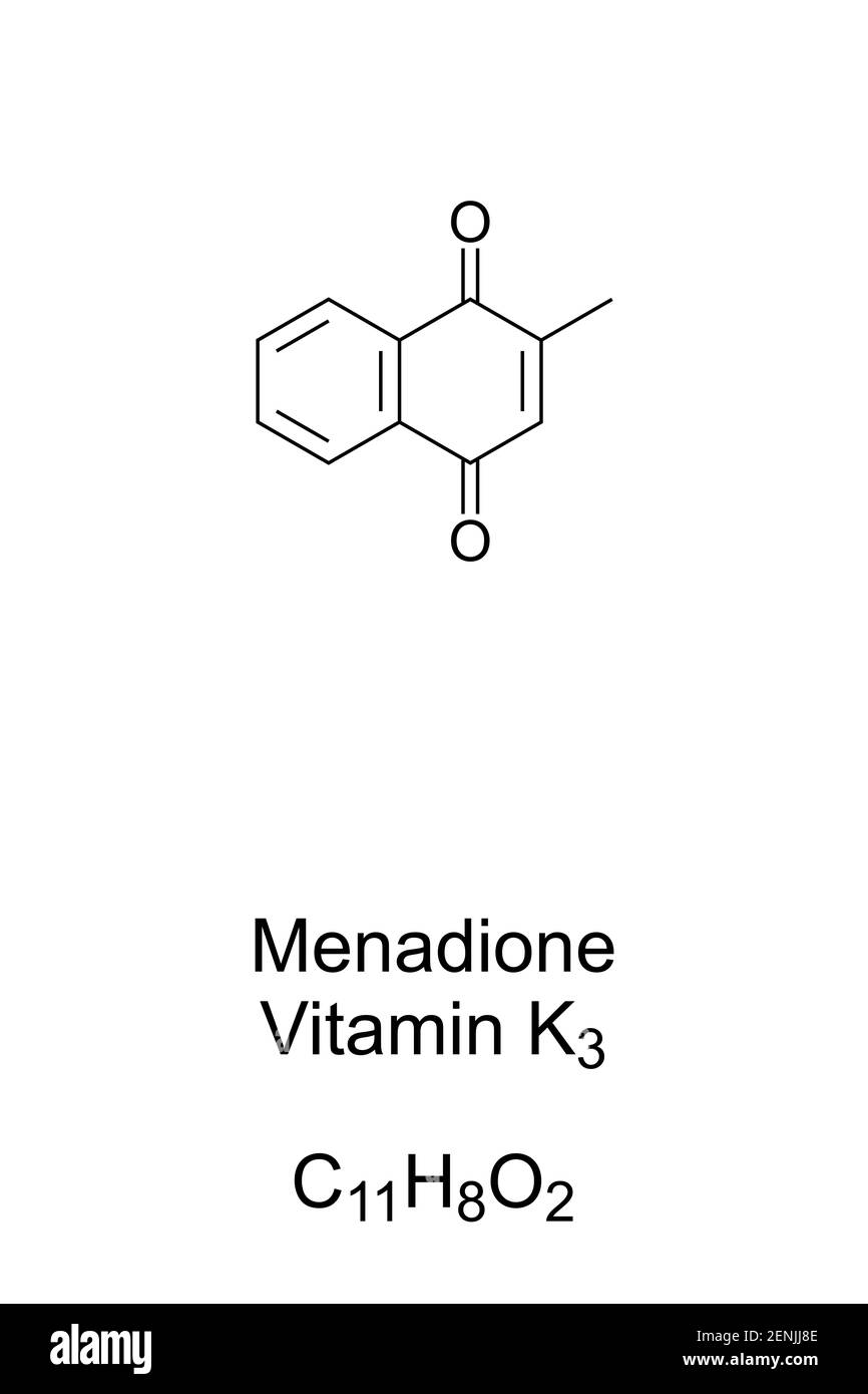 Menadiona, a veces llamada vitamina K3, fórmula química y estructura esquelética. También se llama menaftona, un suplemento nutricional en la alimentación animal. Foto de stock
