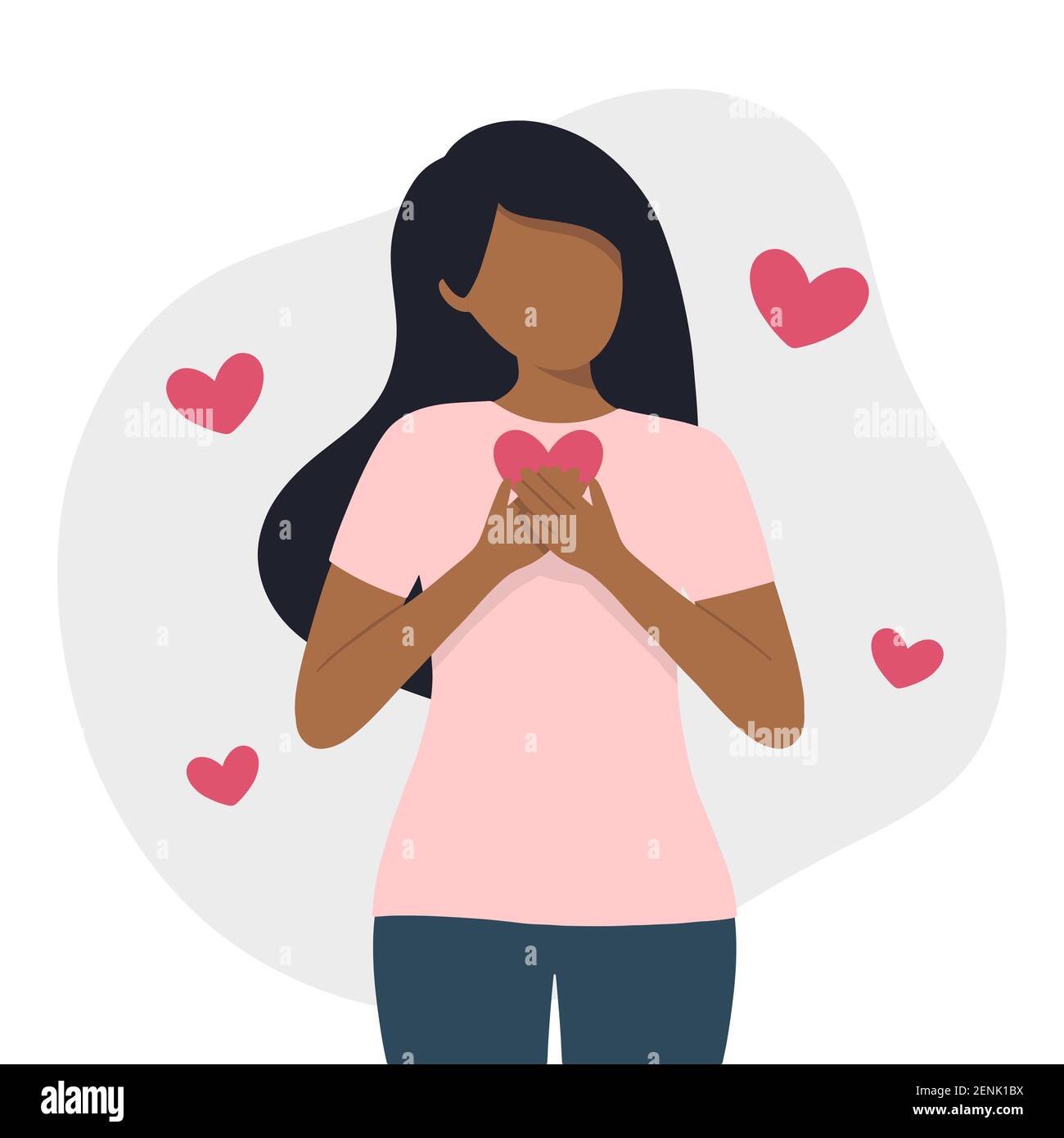 Auto amor concepto plano vector ilustración. Mujer negra de pie y se ama con fondo abstracto y elementos en forma de corazón alrededor Imagen Vector de stock - Alamy