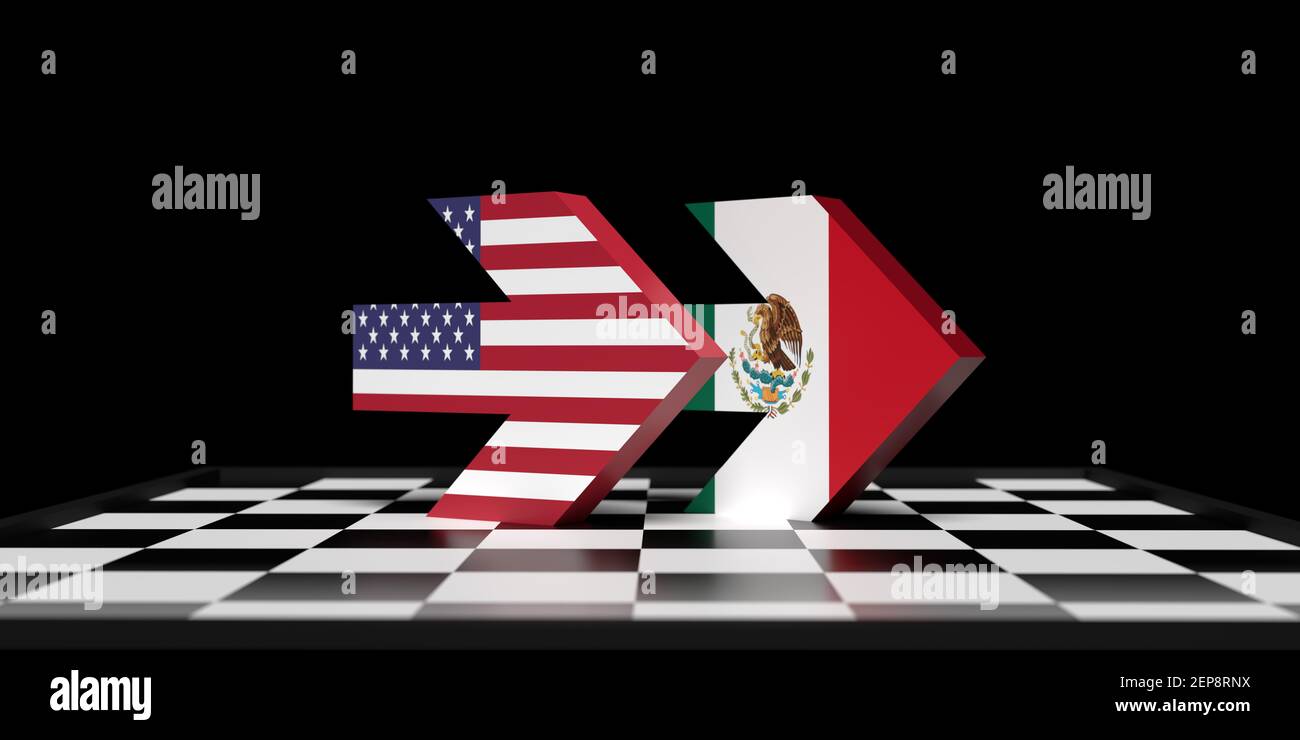 Concepto de comunicación política internacional en 3D: Bandera estadounidense, americana y mexicana. Flechas que muestran estratégicamente hacia delante. Fondo de tablero de ajedrez Foto de stock