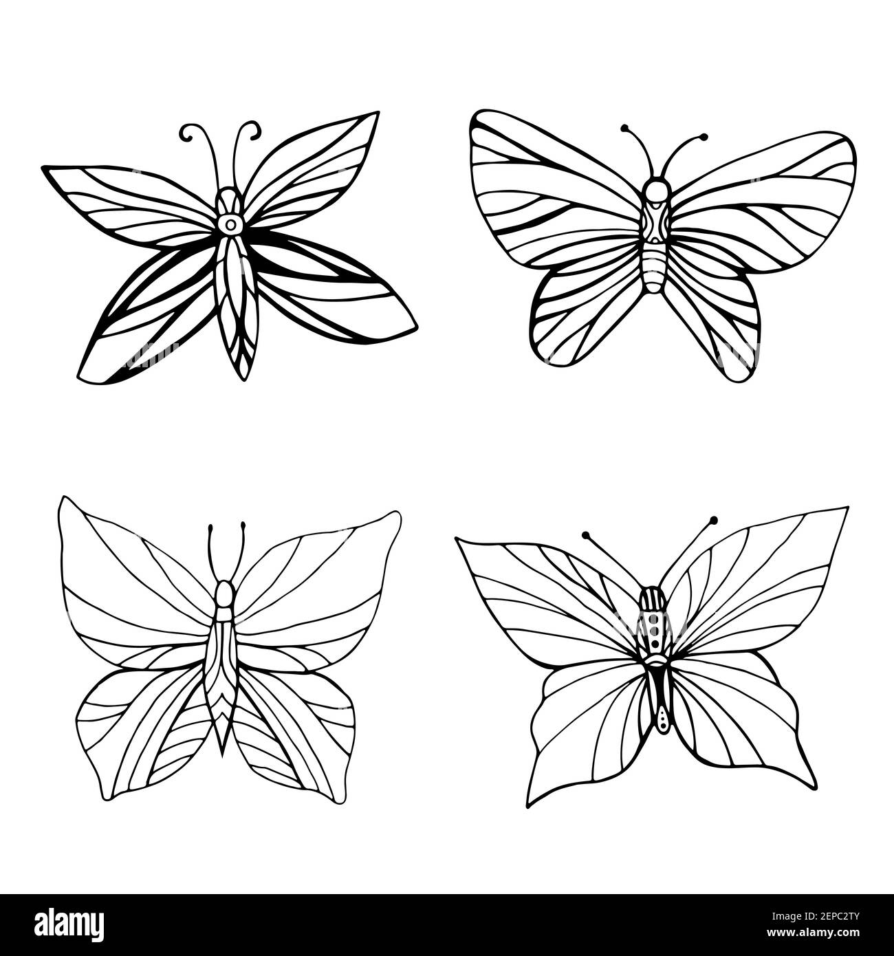 Juego de mariposas coloreantes, fondo blanco aislado. Estilo de fideos.  Polillas de dibujos animados de fantasía en blanco y negro. Vector mano dibujo  mariposas colectio Imagen Vector de stock - Alamy