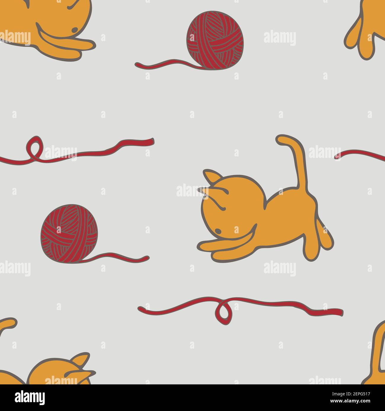 Patrón vectorial sin costuras con gato amarillo y bola de hilo sobre fondo gris. Sencillo diseño de papel pintado con gatitos jugando. Textil de moda para niños. Ilustración del Vector