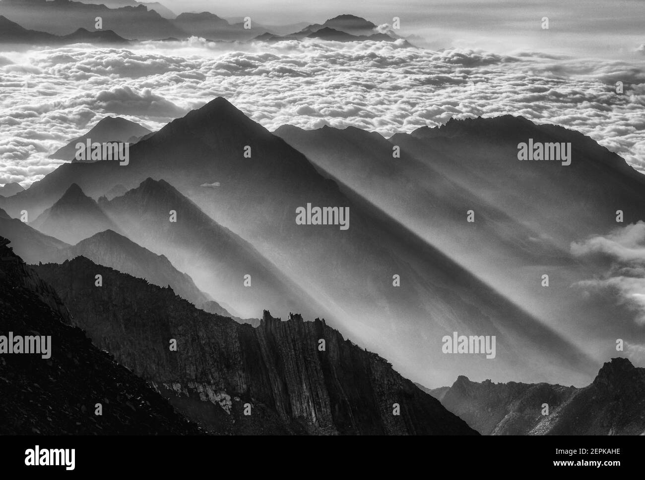 Rayos de sol en la niebla de la mañana en los Alpes suizos, Suiza Foto de stock