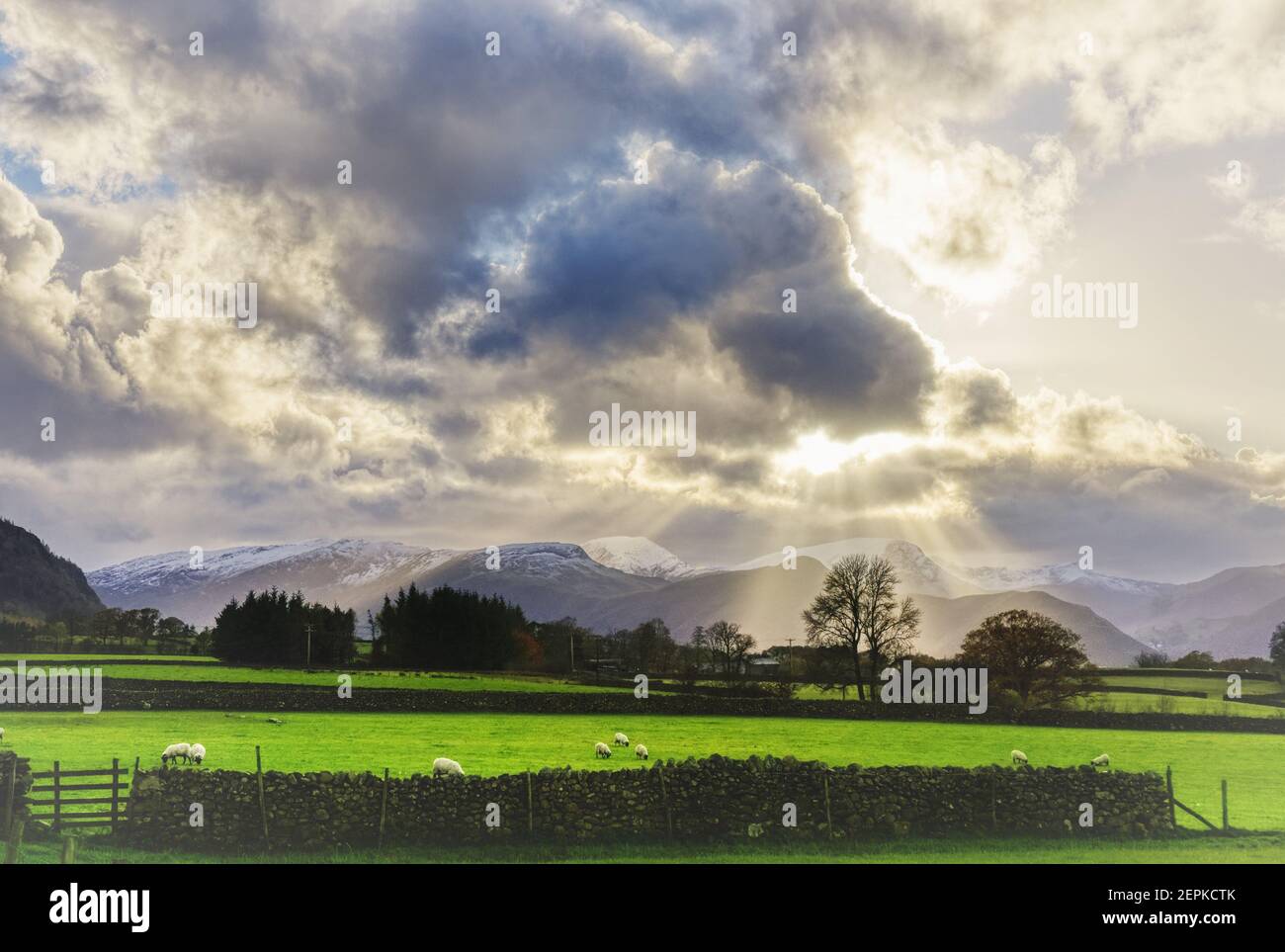 Espectacular luz de puesta de sol sobre las montañas del Distrito de los Lagos, Cumbria, Reino Unido Foto de stock