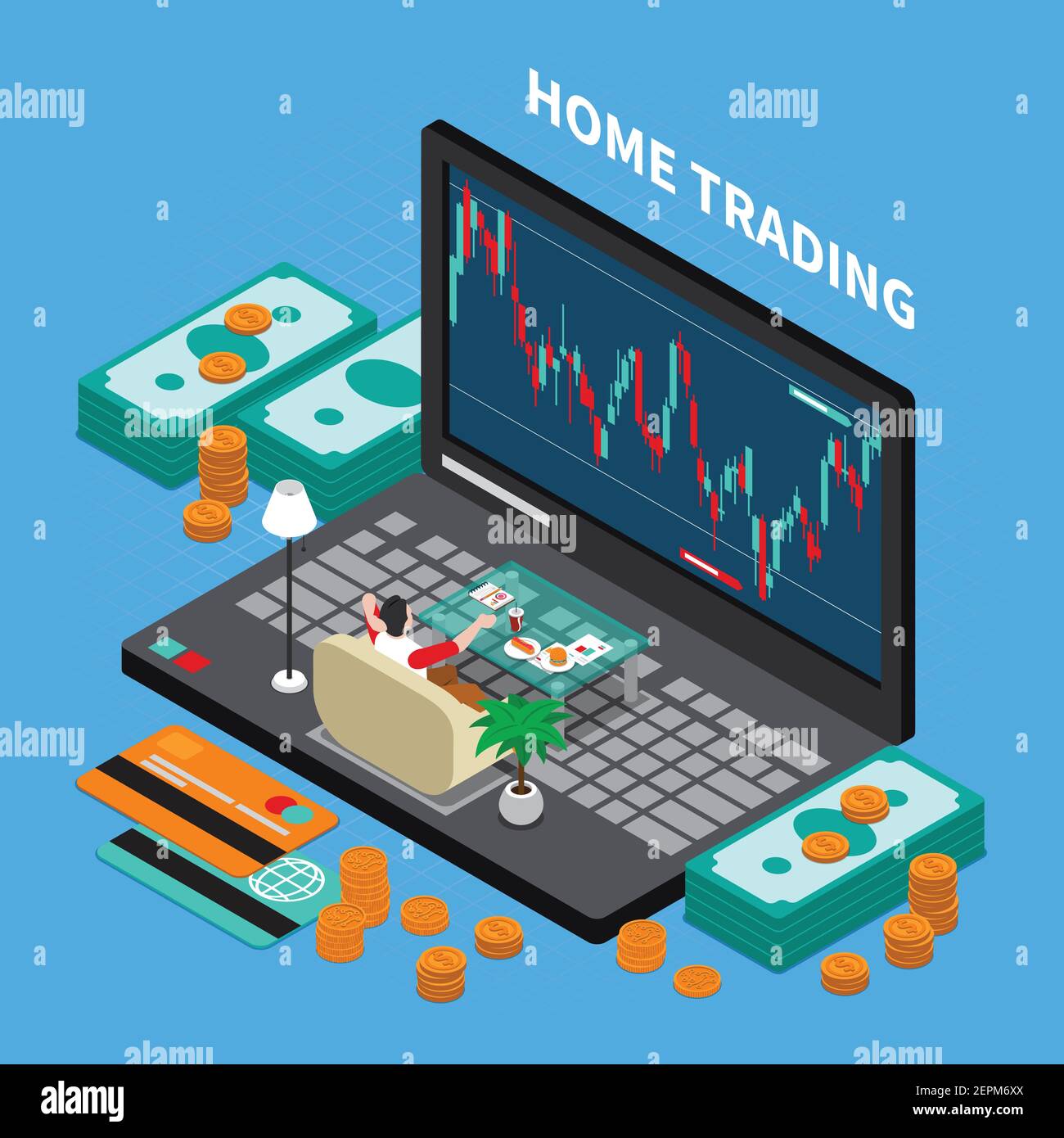 Comercio en línea en la bolsa de valores en casa composición isométrica con  dinero, portátil, tarjetas de pago, ilustración vectorial Imagen Vector de  stock - Alamy