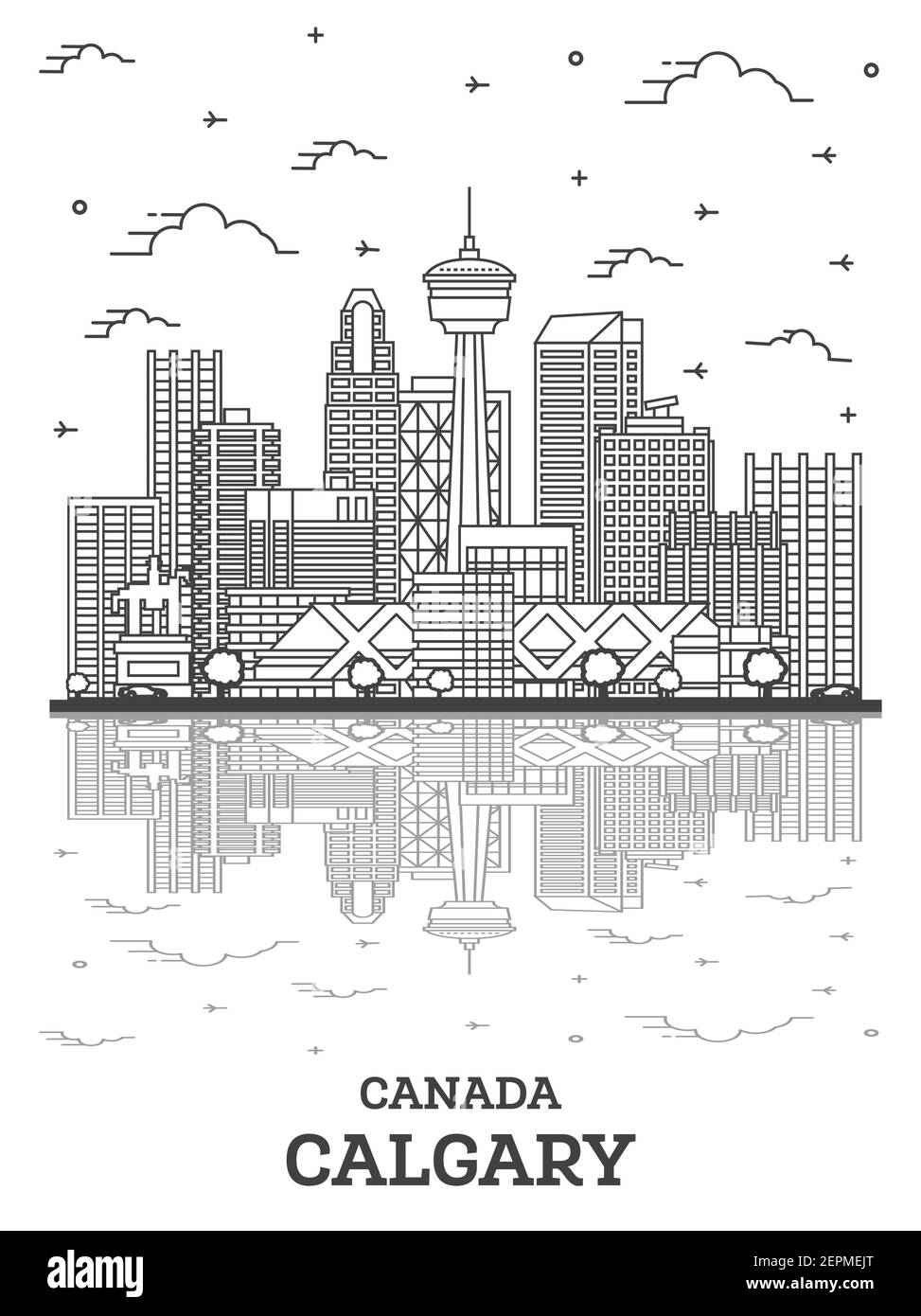 Esquema del horizonte de la ciudad de Calgary, Canadá con modernos edificios y reflexiones aislados en blanco. Ilustración vectorial. Ciudad de Calgary con hitos. Ilustración del Vector