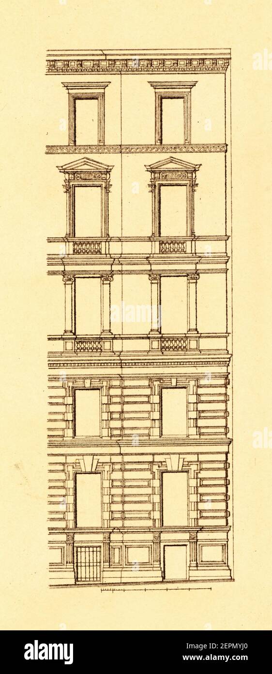 Ilustración antigua del edificio de apartamentos en Viena, diseñado por Otto Thienemann (siglo XIX). Grabado publicado en Vergleichende Architektonische Foto de stock