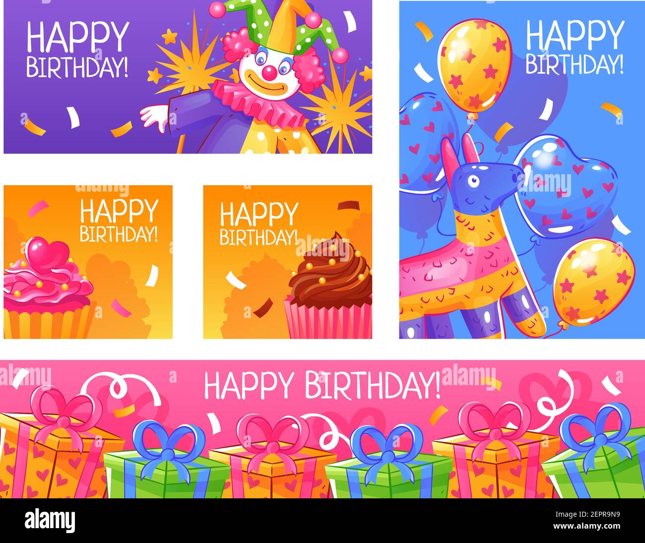 Feliz cumpleaños felicitación fiesta invitación tarjetas graciosas banners  colección con confetti pasteles globos presenta ilustración vectorial  aislada Imagen Vector de stock - Alamy