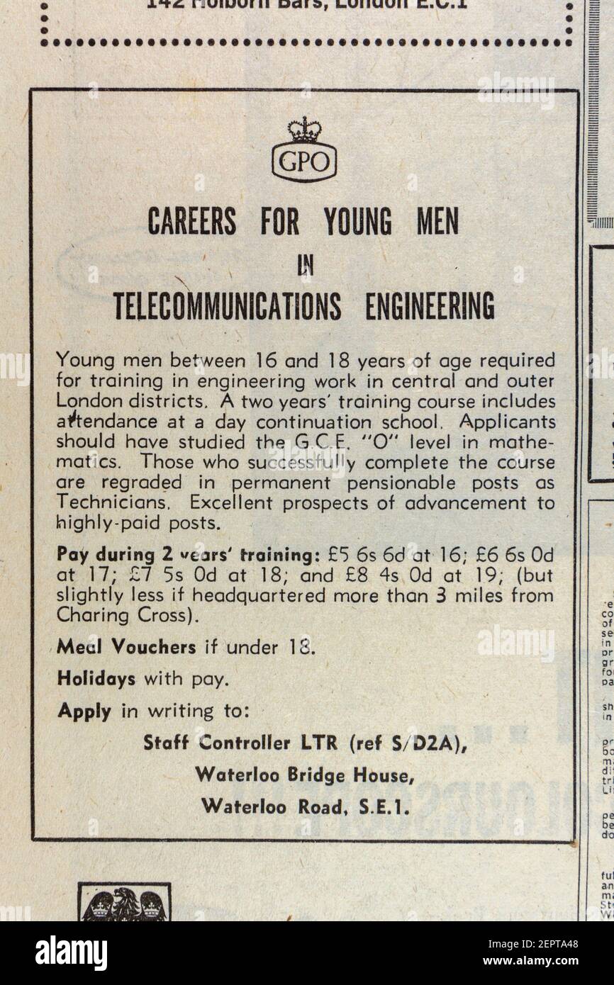 Anuncio de carreras para 'Young Men' en ingeniería de telecomunicaciones en el periódico Evening News (jueves 10th de mayo de 1962), Londres, Reino Unido. Foto de stock