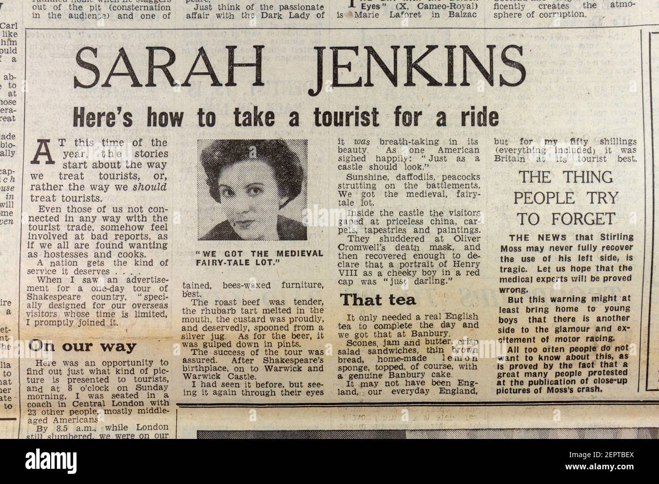 Artículo de opinión de Sarah Jenkins ("aquí está cómo llevar a un turista para un paseo") en el periódico Evening News (jueves 10th de mayo de 1962), Londres, Reino Unido. Foto de stock