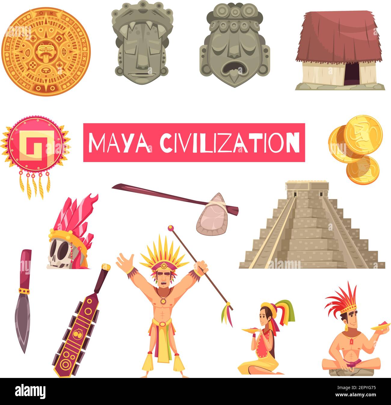 Civilización Maya conjunto de máscaras antiguas accesorios edificios y  personas aislado sobre fondo blanco dibujo vectorial de dibujos animados  Imagen Vector de stock - Alamy