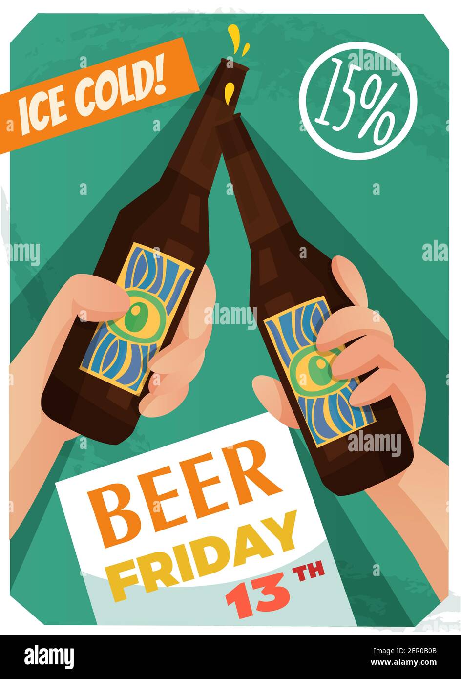 Cartel de la cerveza con publicidad del evento, descuento en el producto,  las manos sosteniendo botellas en el fondo verde vector ilustración Imagen  Vector de stock - Alamy