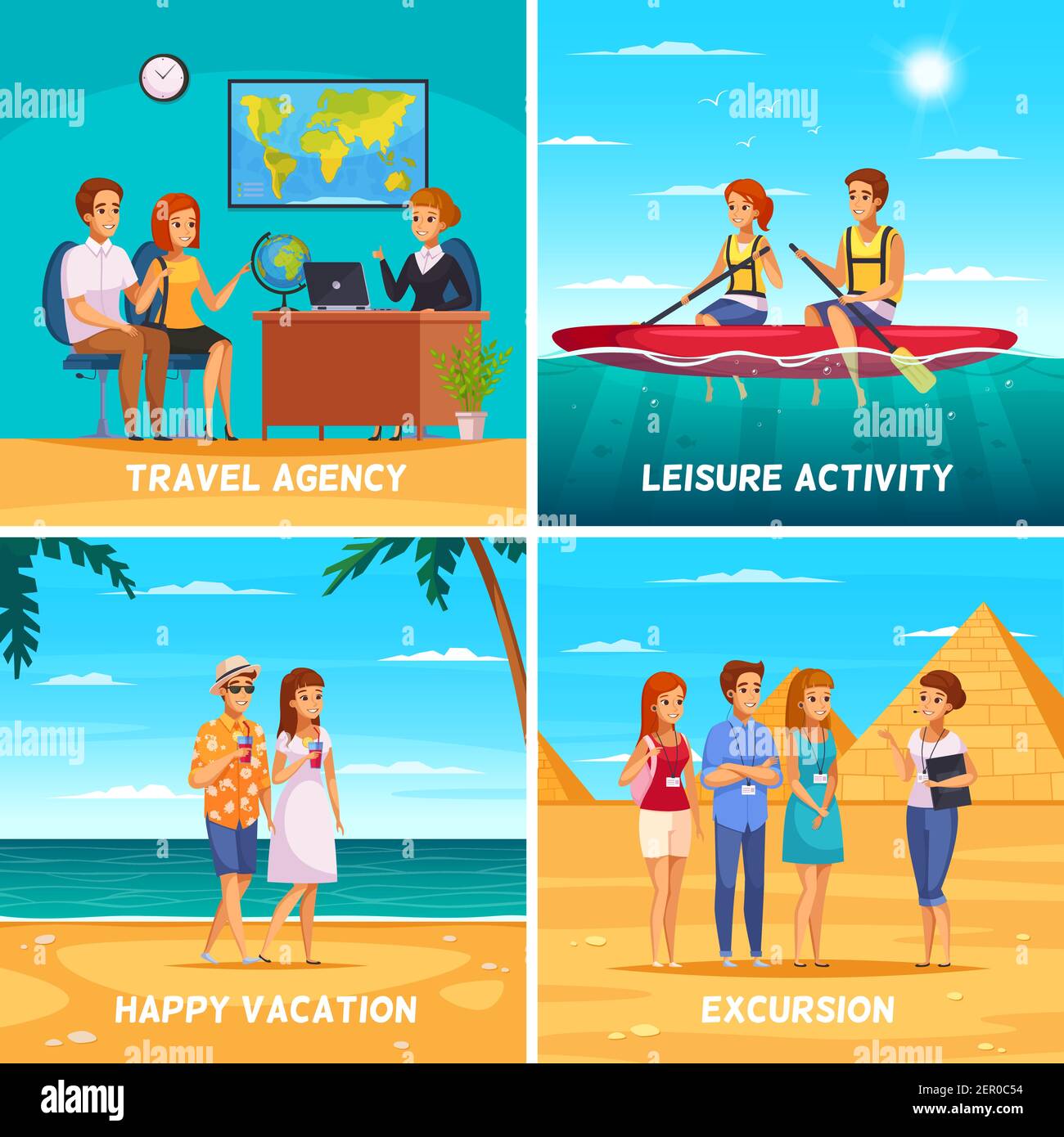 Concepto de diseño de agencia de viajes 2x2 con gente joven descansando
