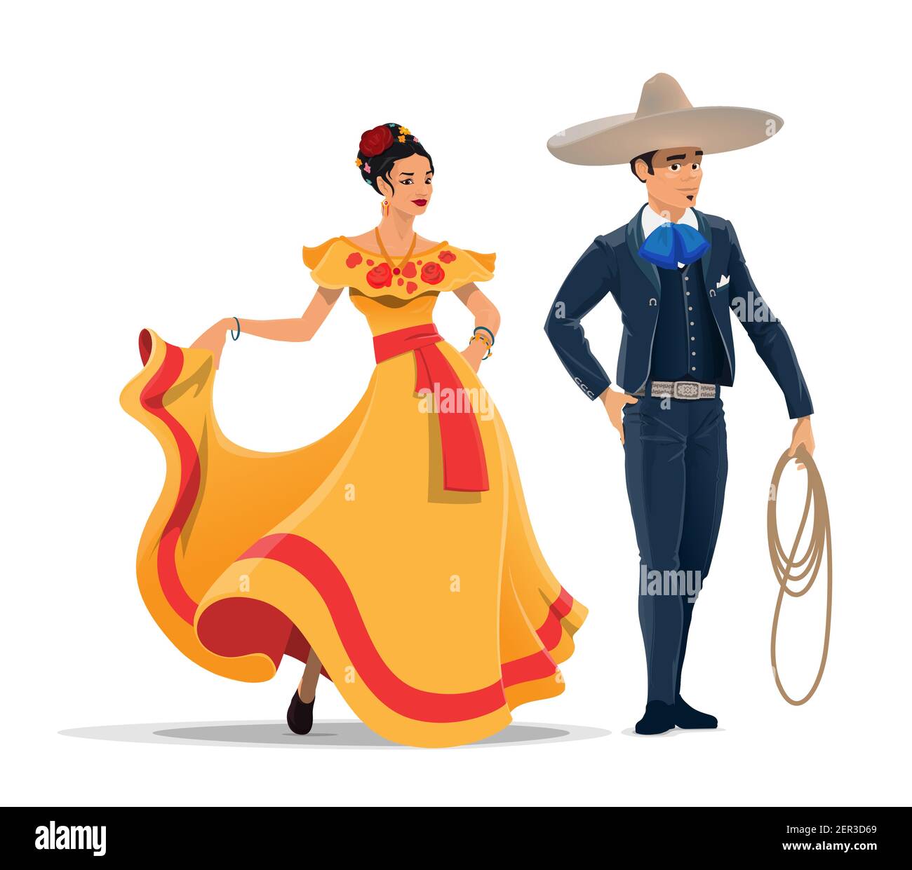 Hombre y mujer mexicanos personajes de dibujos animados vectoriales con  ropa nacional y sombrero. México cowboy charro y bailarina con vestido de  tobasco, jinete Imagen Vector de stock - Alamy